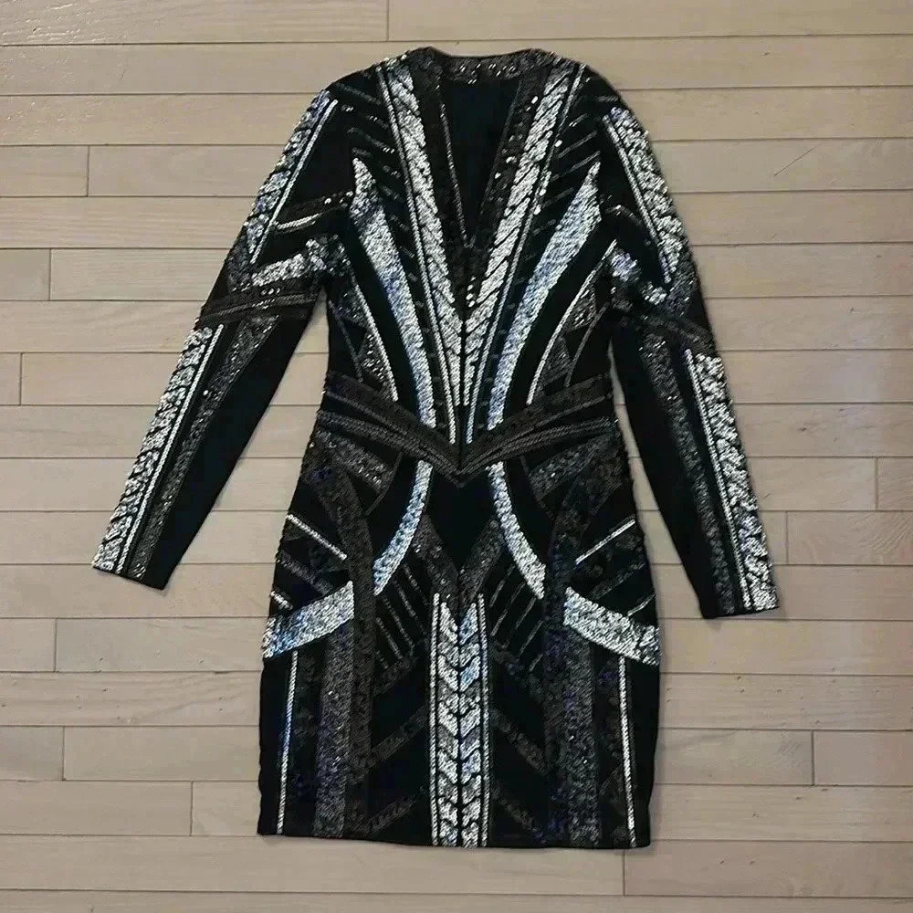 EXPRESS Long sleeved sequin dress- black and silver - Picture 2 of 3